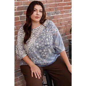 Print Block French Terry Top in the classic Denim Hue- Made in USA- Plus Size